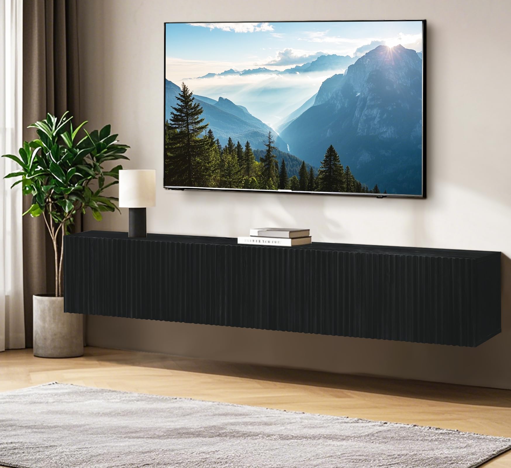 TABOJS Soporte Flotante para TV, Centro de Entretenimiento de Montaje en Pared de 70,7 Pulgadas con Puertas estriadas, Elegante Consola Multimedia y gabinete de Almacenamiento para Sala de Estar,