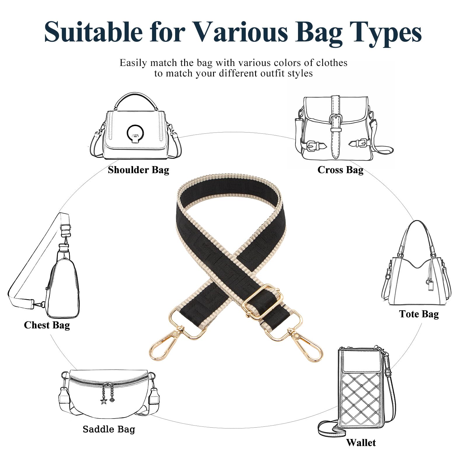 Sangle Sac à Main Long Keeper 3.8cm - Bandoulière Réglable 72-129cm - Toile Retro - Mousquetons 360° - Beige