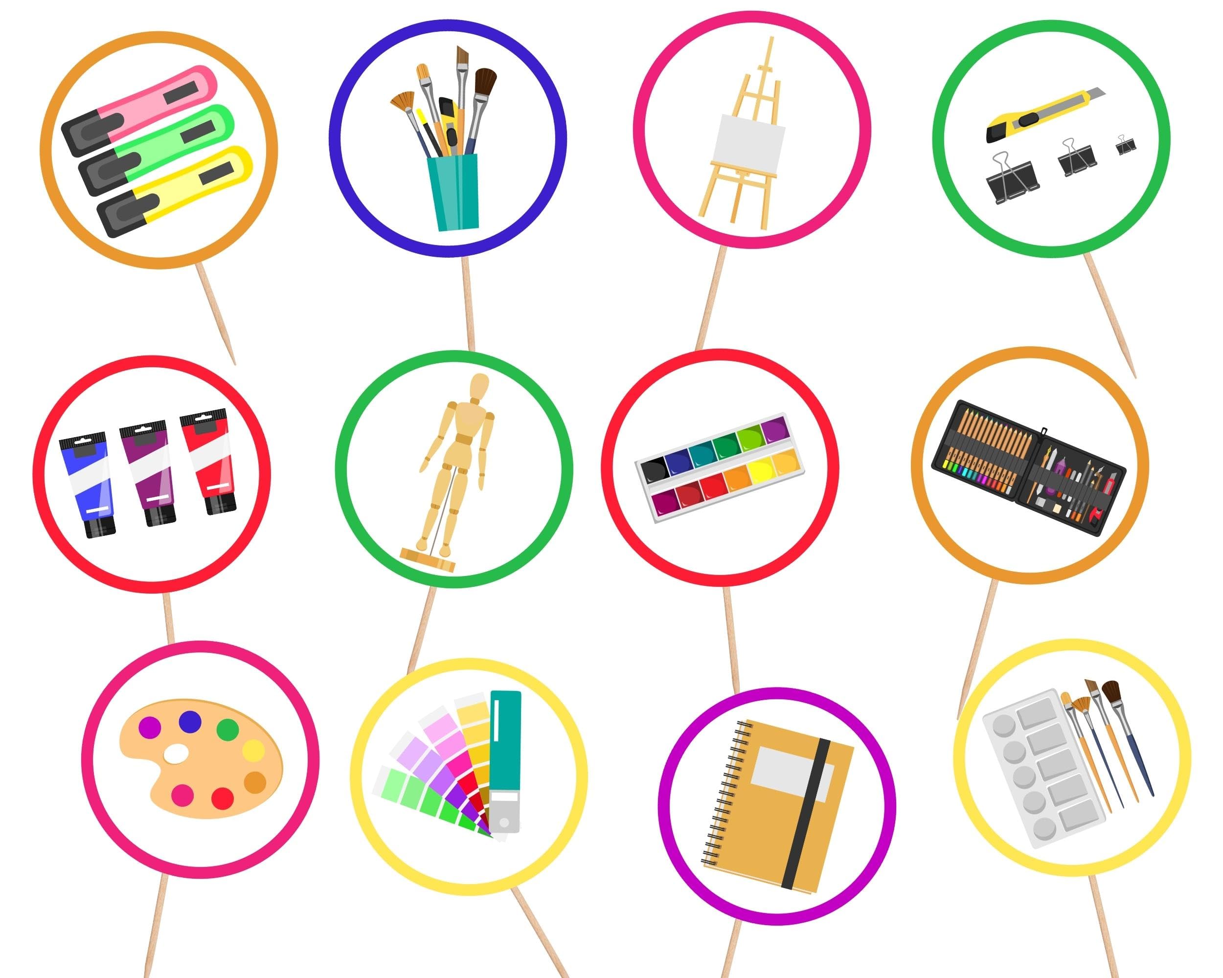 24-Pack Painting-Themed Cupcake Toppers, Cake Topper, Centerpiece - 2.5x2.5in & 5-inch Tall - Double-Sided High-Resolution - Heavy Cardstock, Pre-Assembled with Stick for Artistic Celebrations