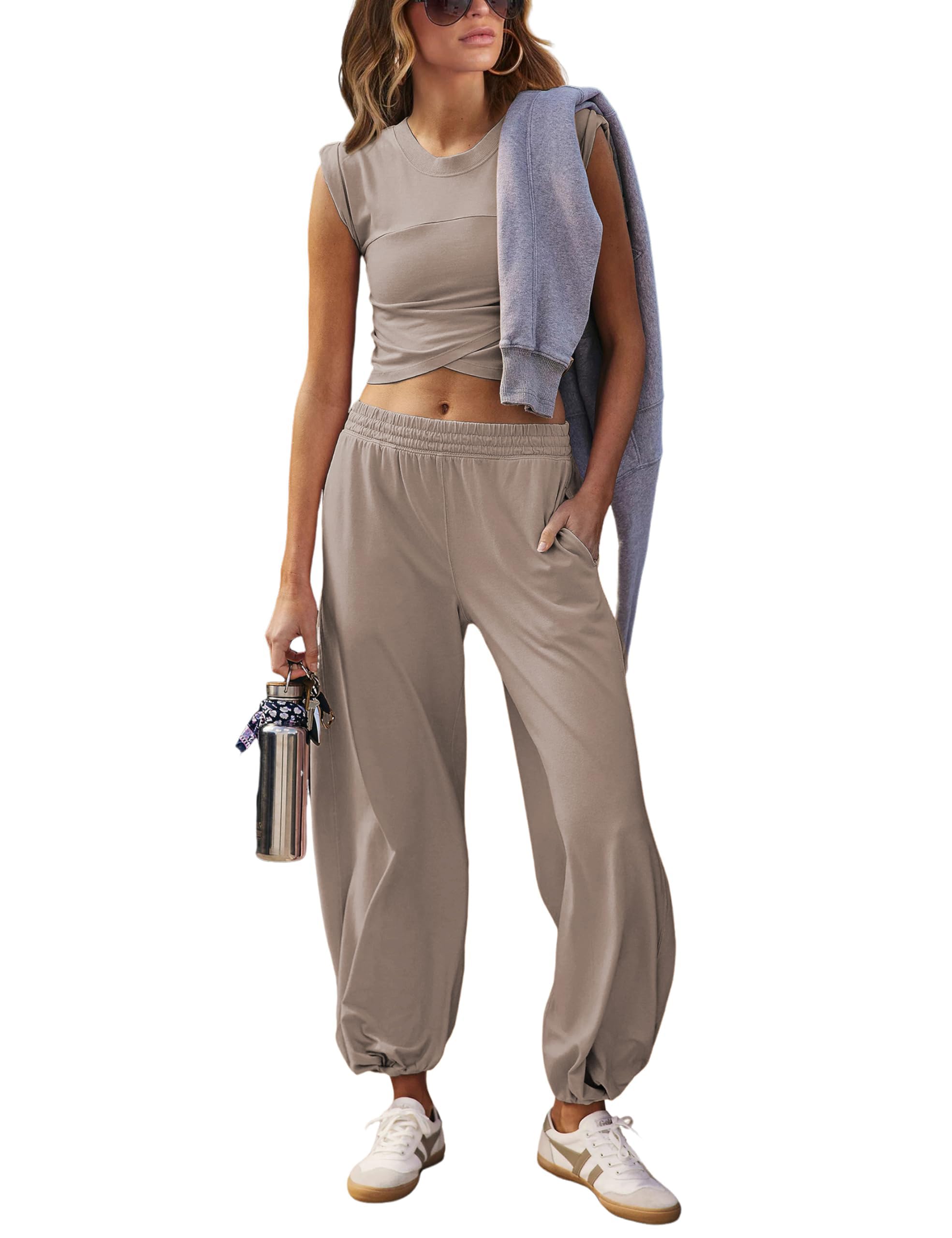 Springrain Womens Two Pieces Outfits Casual Lounge Sets Cropped Tops Sweatpants Tracksuit with Pockets