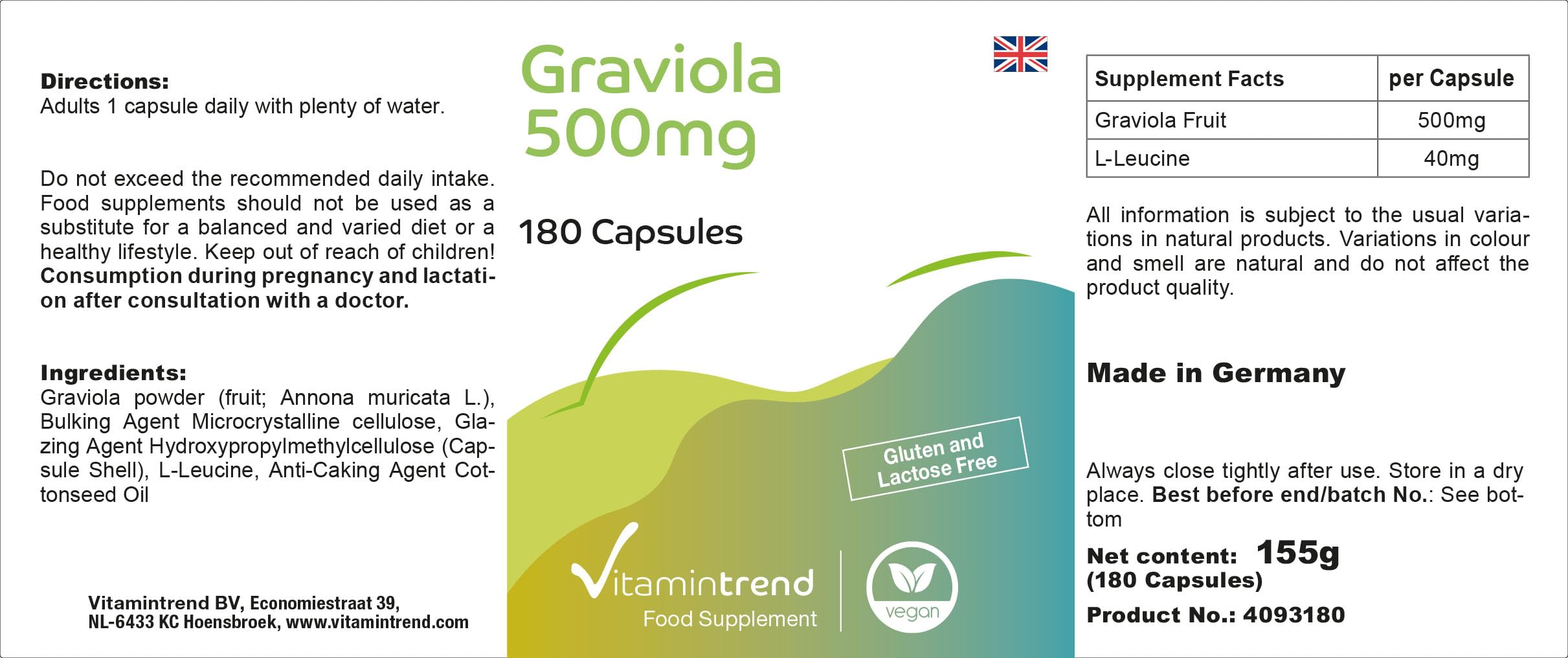 Vitamintrend Graviola hautement dosée 500 mg, 180 gélules, issue du fruit de graviola, annone épineuse, soursop, complément alimentaire végan sans additifs, fabriqué en Allemagne