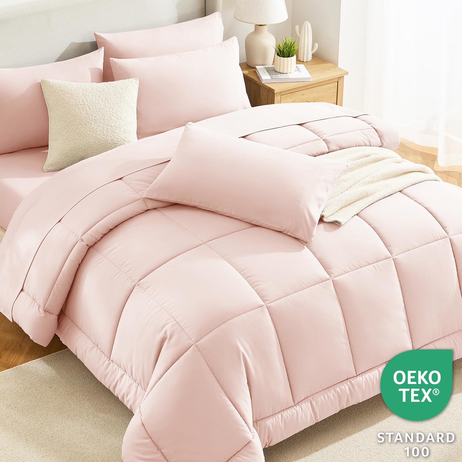 CozyLux Queen Comforter Set Black, 7 Pieces Bed in a Bag, Black Comforter Queen Size, All Season Bedding Sets with Stitch Quilted Comforter, Flat Sheet, Fitted Sheet, Pillowcases: Blush Pink Twin XL