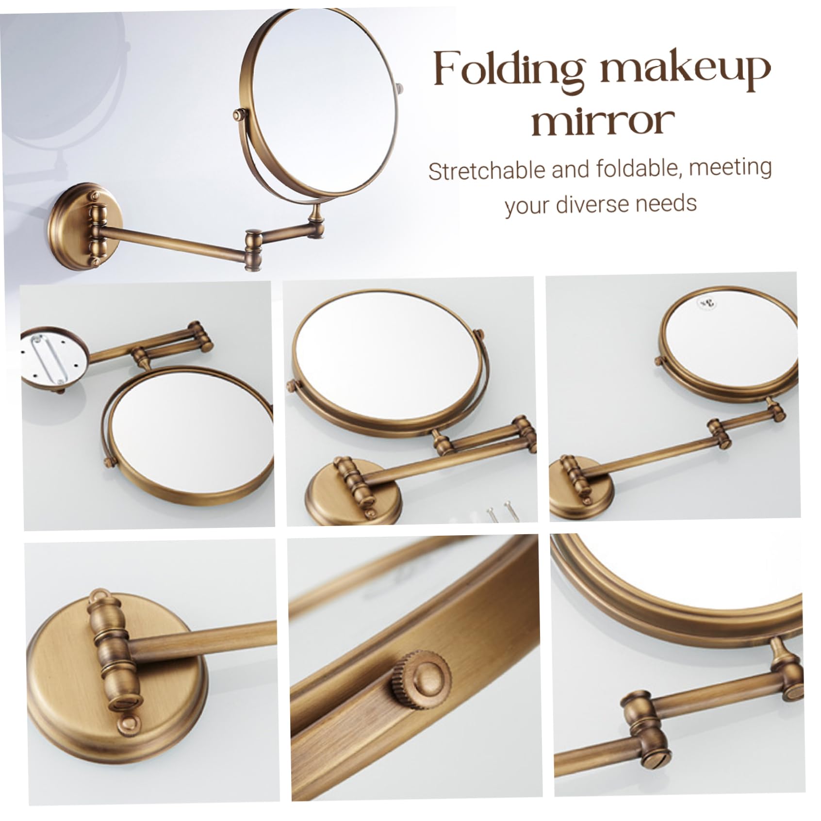 Miroir de Maquillage Mural 8 Miroir de Maquillage Double Face en Laiton Normal et 3X avec Bras Pliant pour Salle Bain, vanité, Support Mural Rasage grossissant
