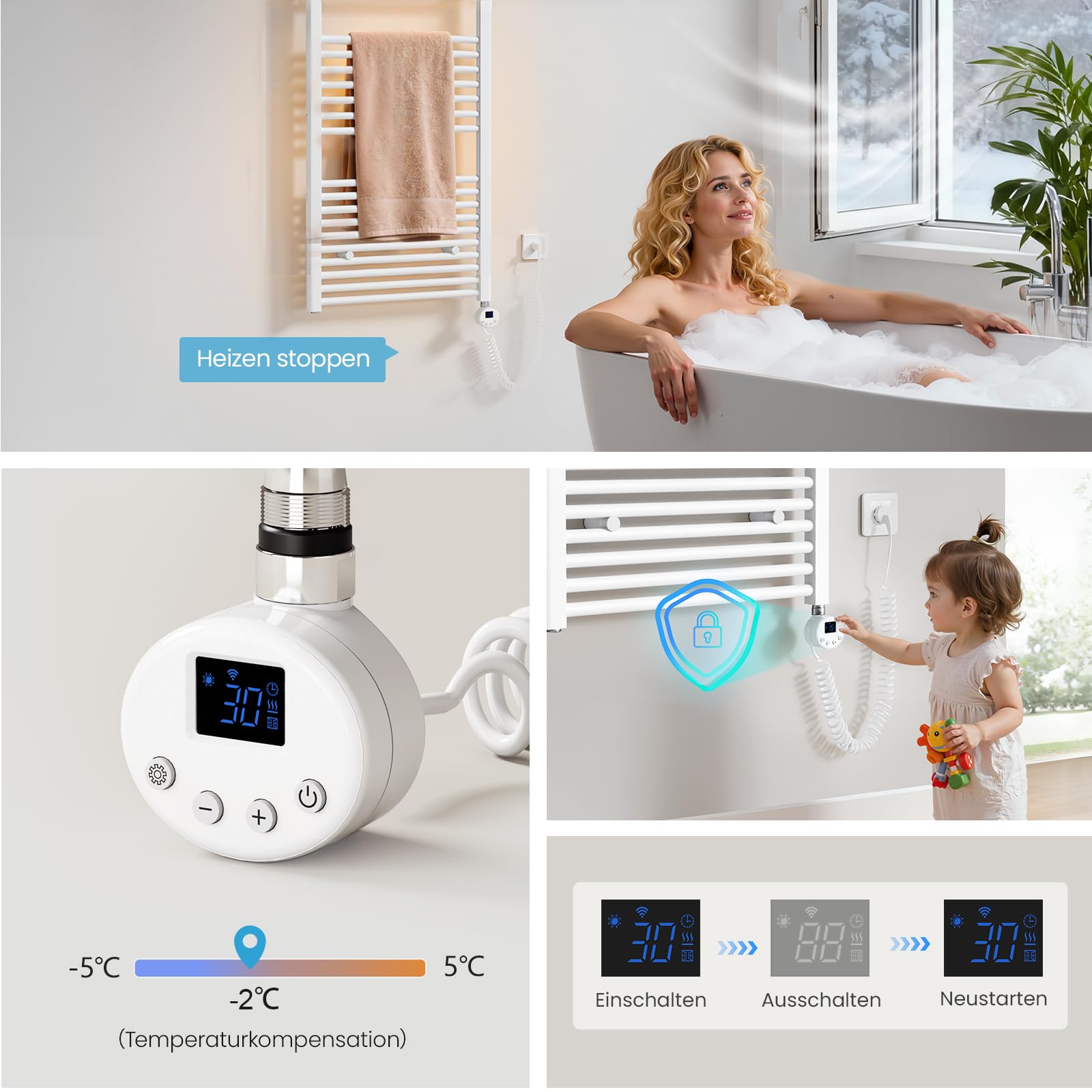 Heilmetz Smart WiFi Badheizkörper Elektrisch 70x40cm Handtuchtrockner mit Thermostat Timer-Funktion Weiß 300W
