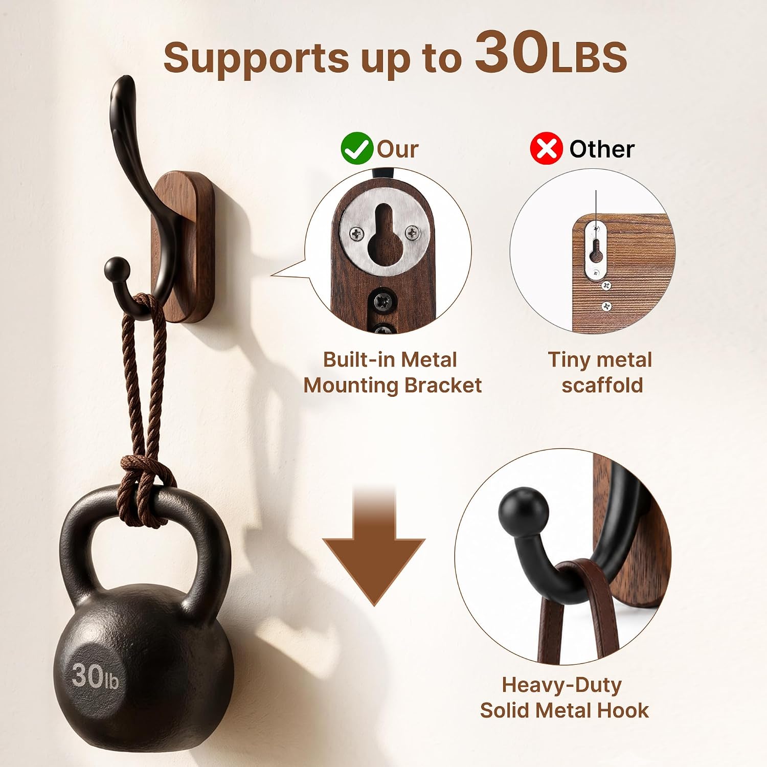 4 Pack Wall Mounted Coat Hooks, Walnut Wood & Black Metal Double Hooks
