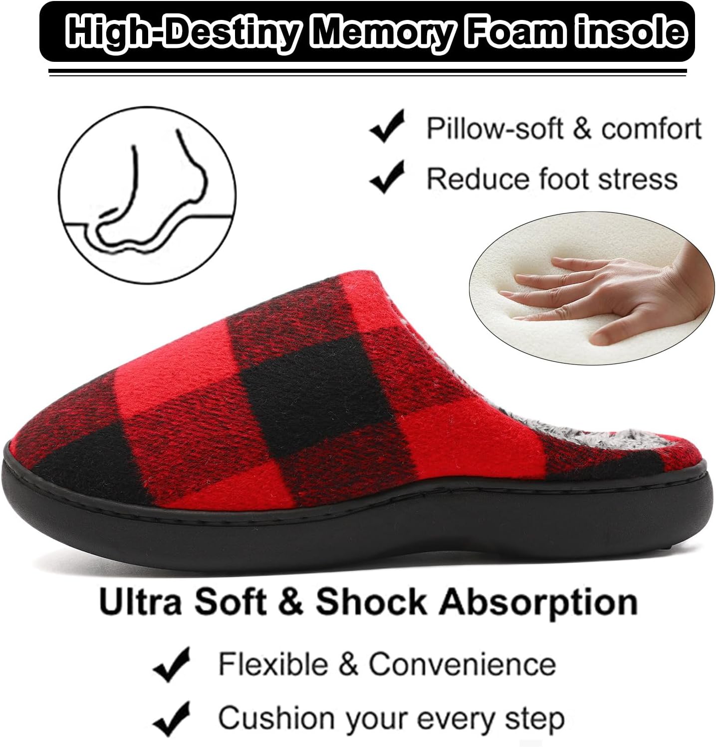 House Slippers for Woman Men, womens Checkered Slippers on House Shoes Cozy Memory Foam Scuff plaid Shoes with Fuzzy Faux Fur Comfortable Non-Slip Warm Fuzzy indoor outdoor - Image 3