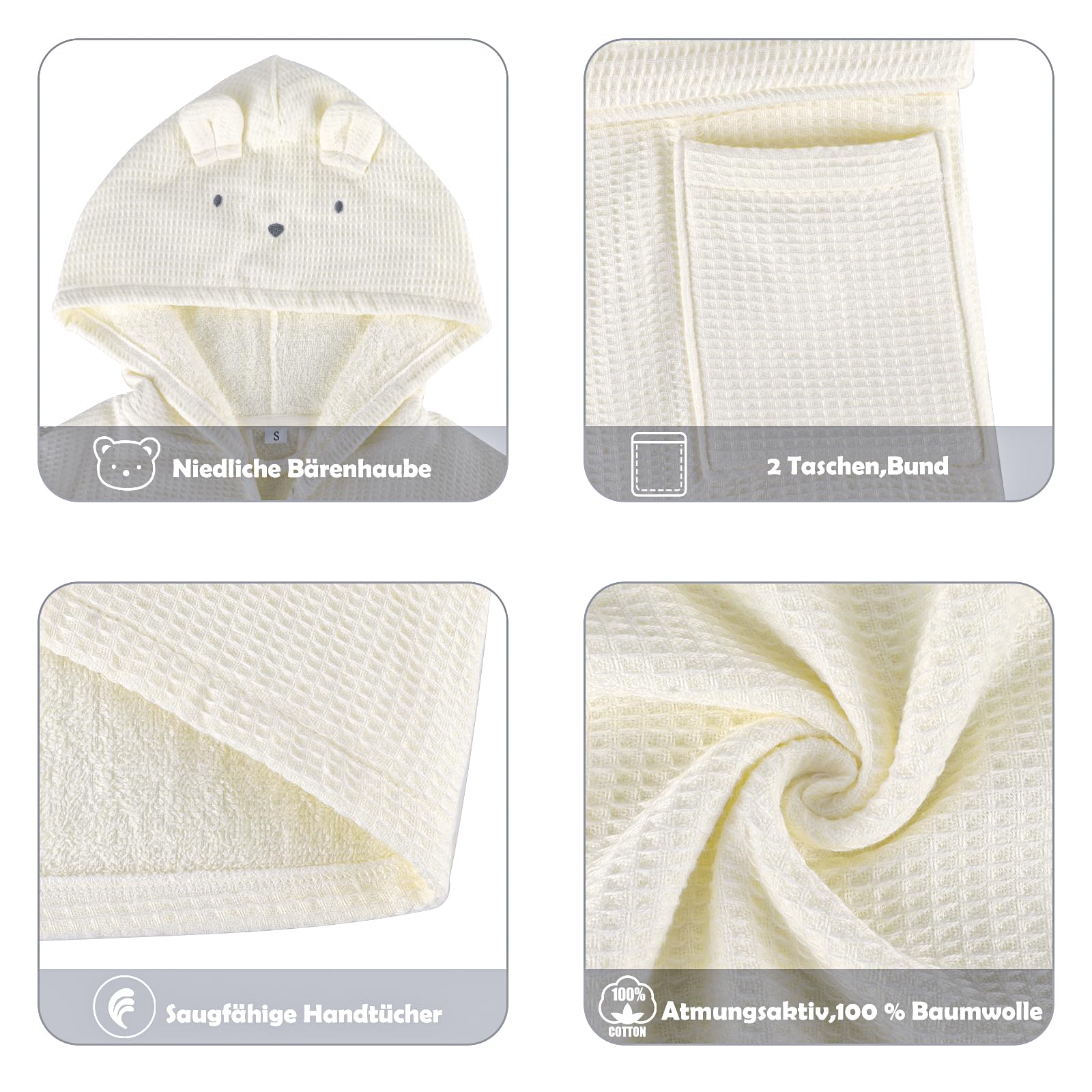KAKU NANU Accappatoio Bambino 100% Cotone 2-10 Anni Accappatoio Bambina Spugna Piscina 2 Tasche,Cintura,5 Cappuccio Tinta Unita in Morbida Spugna