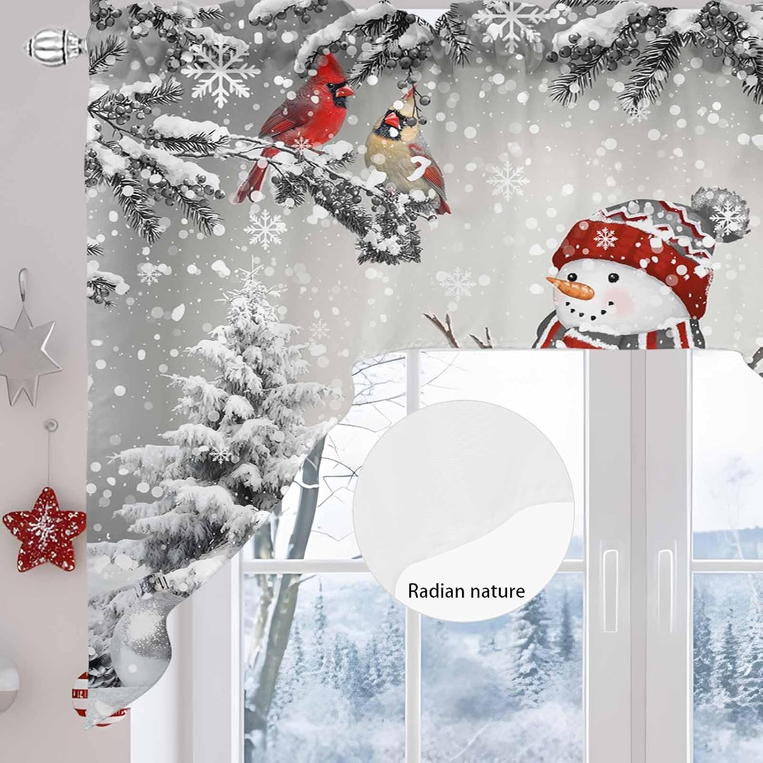 Christmas Snowman Swag Valances for Windows, Grey Snowflake Cardinals Birds Swag Kitchen Curtain Valances Xmas Withered Tree Rod Pocket Small Window Curtain for Cafe Bathroom Bedroom Drapes 56"x36"