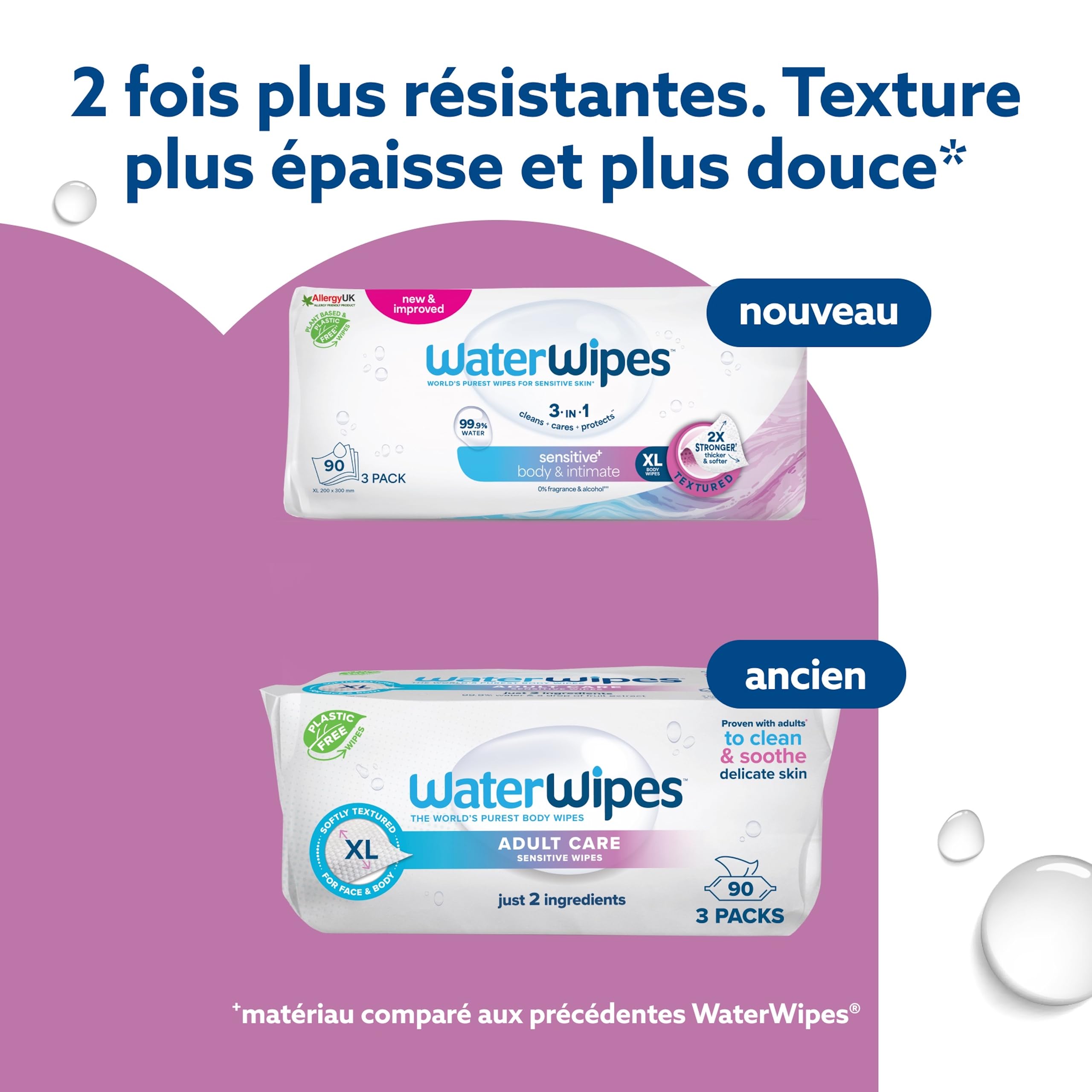 WaterWipes Sensitive+ Body & Intimate Wipes, Hygiène Corporelle et Intime, 90 lingettes (3 paquets), 3-en-1 nettoie, soigne, protège, 99,9% d'eau, lingettes humides non parfumées, Adult Care - 4