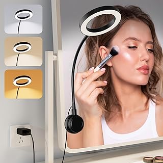 Suction Cup LED Vantiy Lights for Mirror, Flexible Gooseneck Stick on Selfie Ring Light for Makeup Vanity Table & Bathroom Mirror, 3 Color Modes & 10 Brightness, Plug in, Black