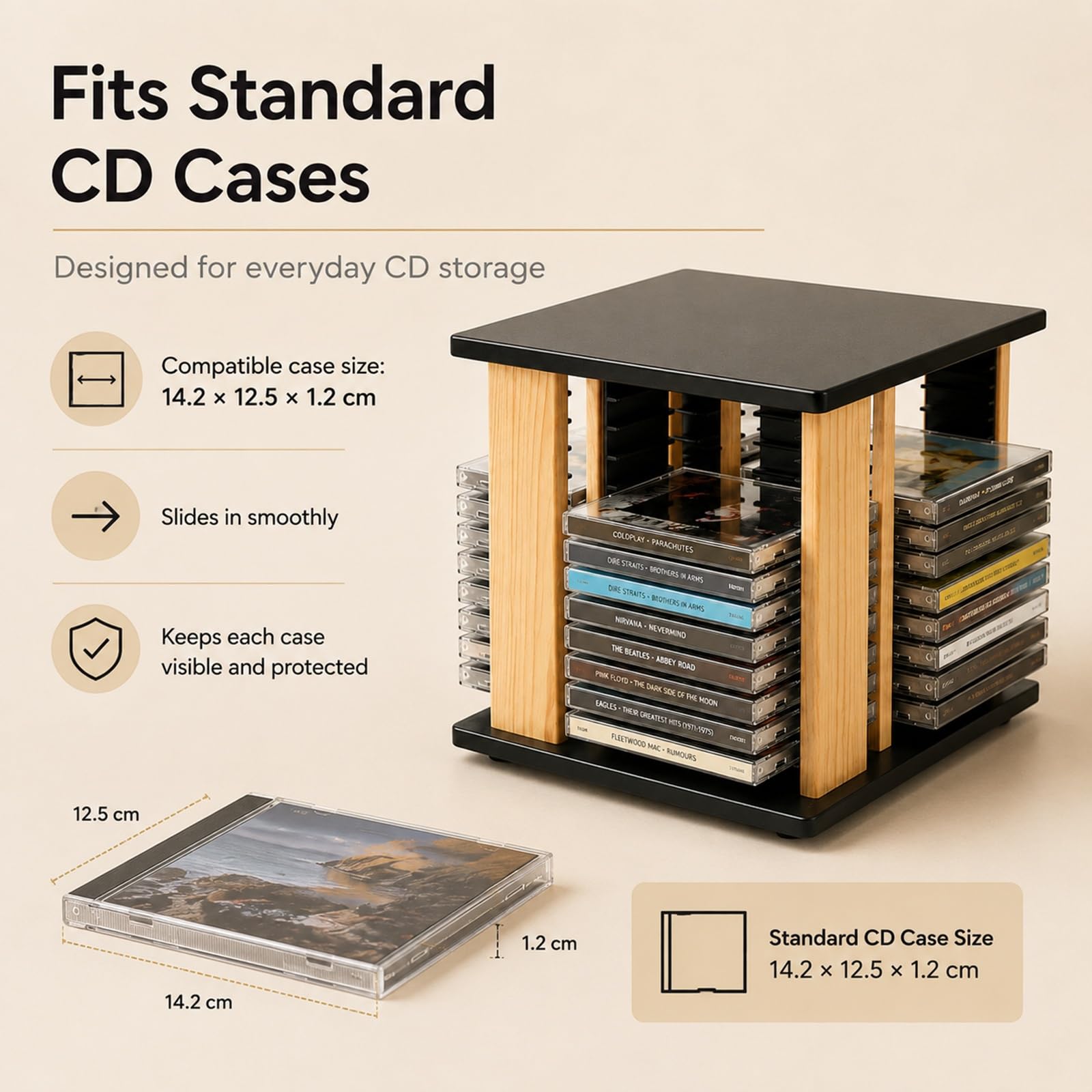 Porta CD e DVD da Scrivania Girevole a 360 Gradi in Legno for Multimedia | Contiene 45 Custodie Standard con Design Salvaspazio da Tavolo for Collezioni di Videogiochi e Film in DVD
