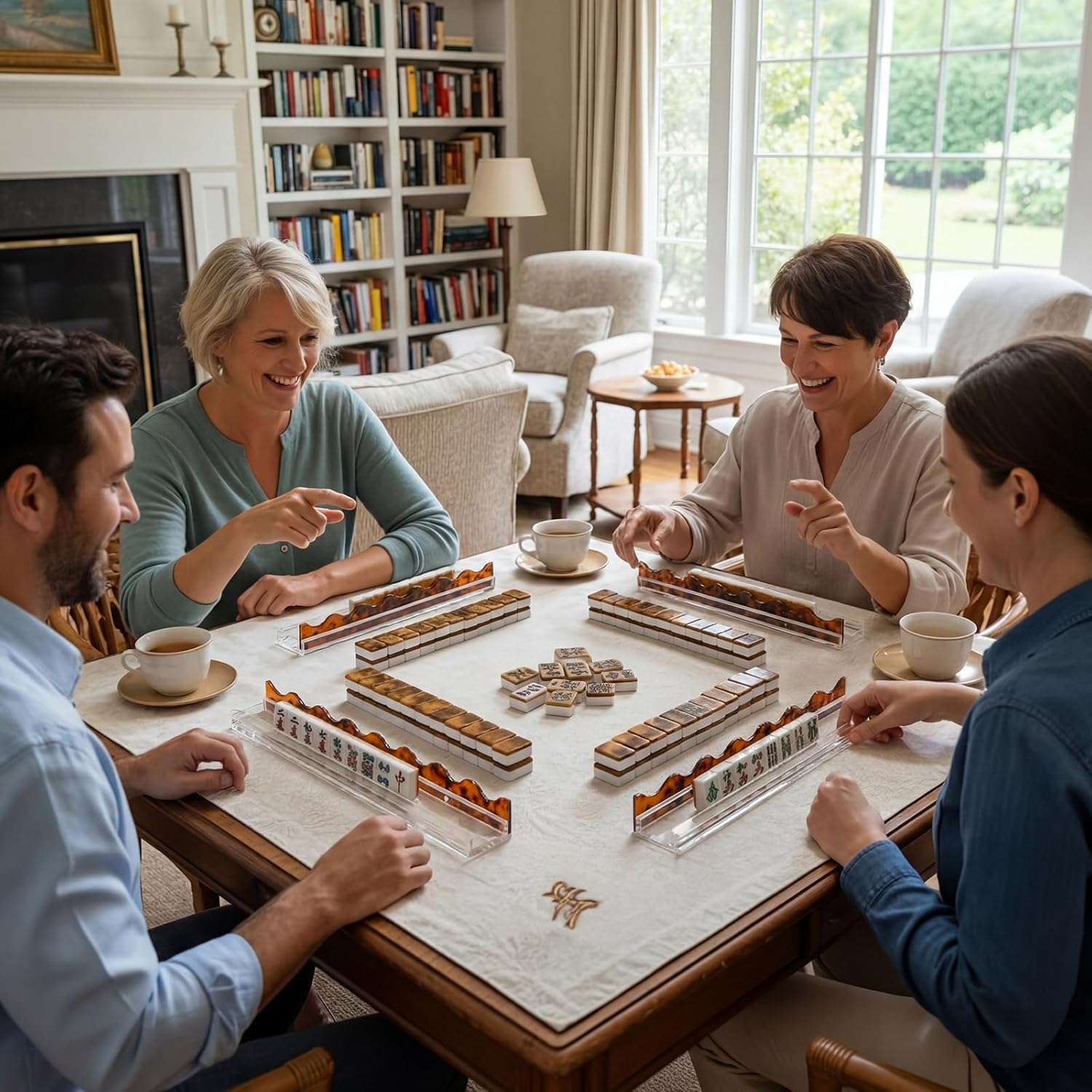 Mifoci 4 Set Scalloped Tortoiseshell Mahjong Tile Racks with Magnetic Pushers Acrylic American Mahjong Rack and Pusher Modern Majiang Accessories for American Majiang Game