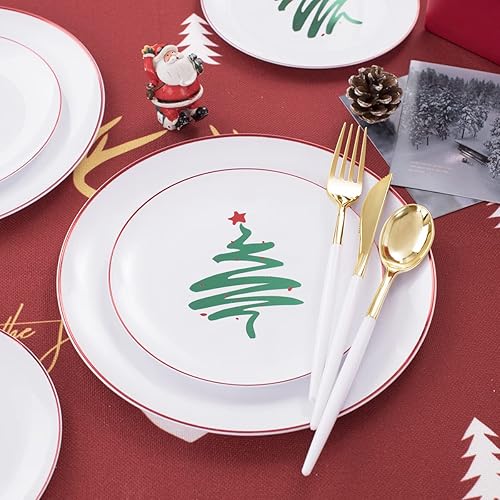 Miniatura 51 de LIYH 150 Pcs Plastic Christmas Dinnerware Set, Red Plastic Dinner Dessert Disposable Plates, Gold Silverware, Red Christmas Disposable Cups 10 OZ