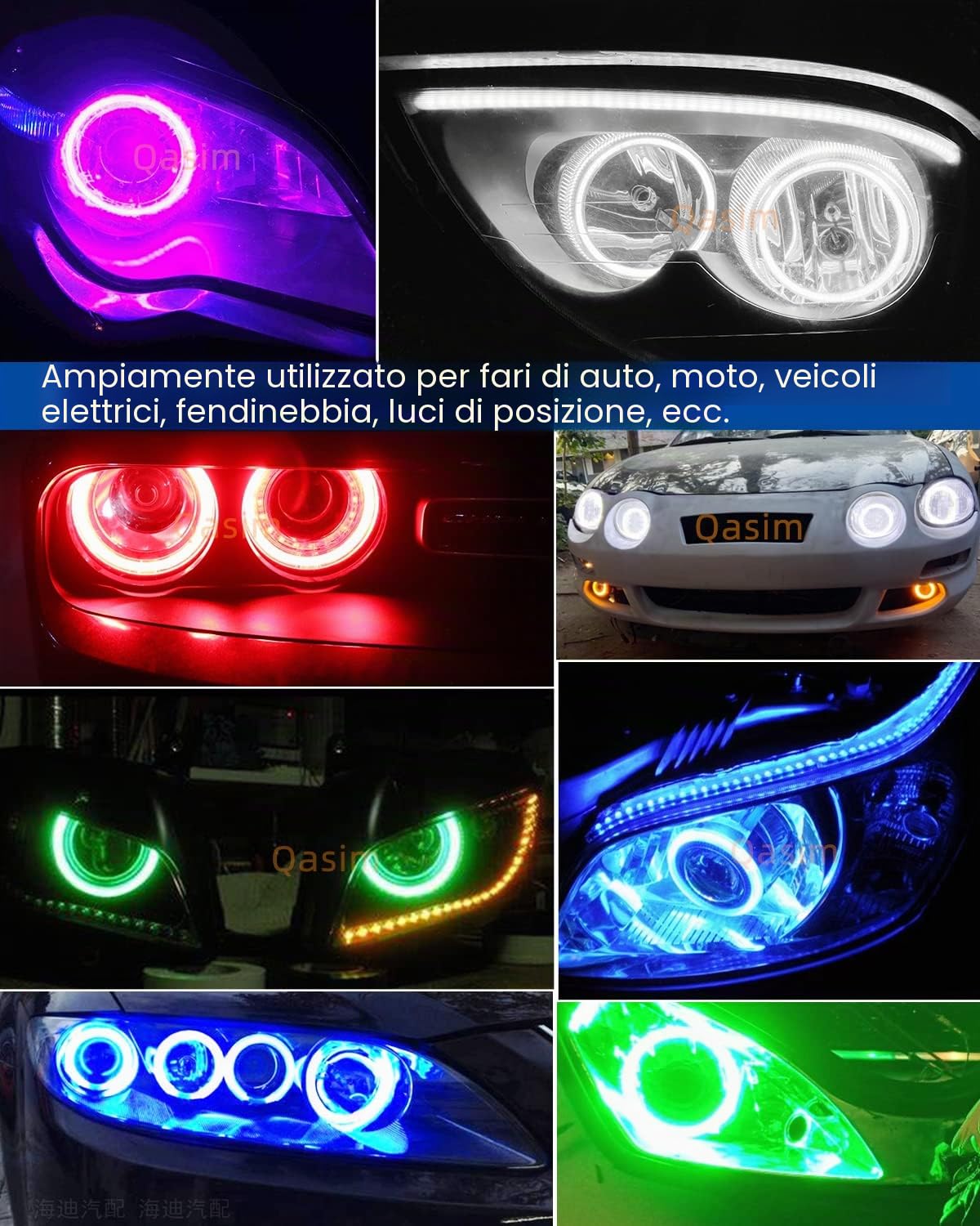 Qasim 1 paio da LED COB Fari Angel Eyes Halo Rings Anello Halo Occhi d'Angelo Universale per Auto da Moto DRL Spia Faro con Coperchio Controllo dell'APP mobile Bluetooth 12V DC 60MM 60SMD RGB