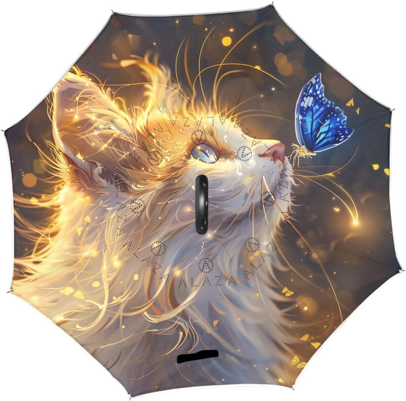 Cat Starlight Butterfly Inverted Umbrellas for Rain Windproof Reverse Upside Down Golf Umbrella with C-shape Handle for Men Women