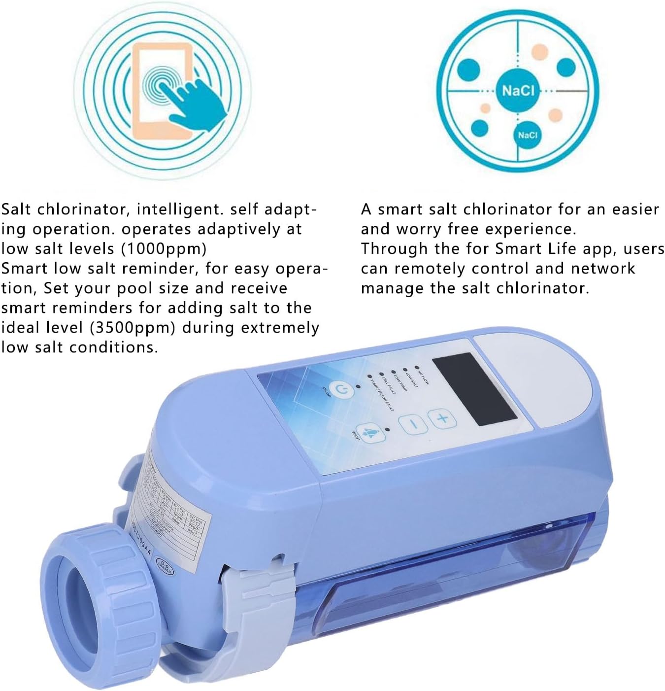 スイミングプール用、塩生成器、温水浴槽用自動水処理システム、スマート制御付き電解セル (ECプロ4)