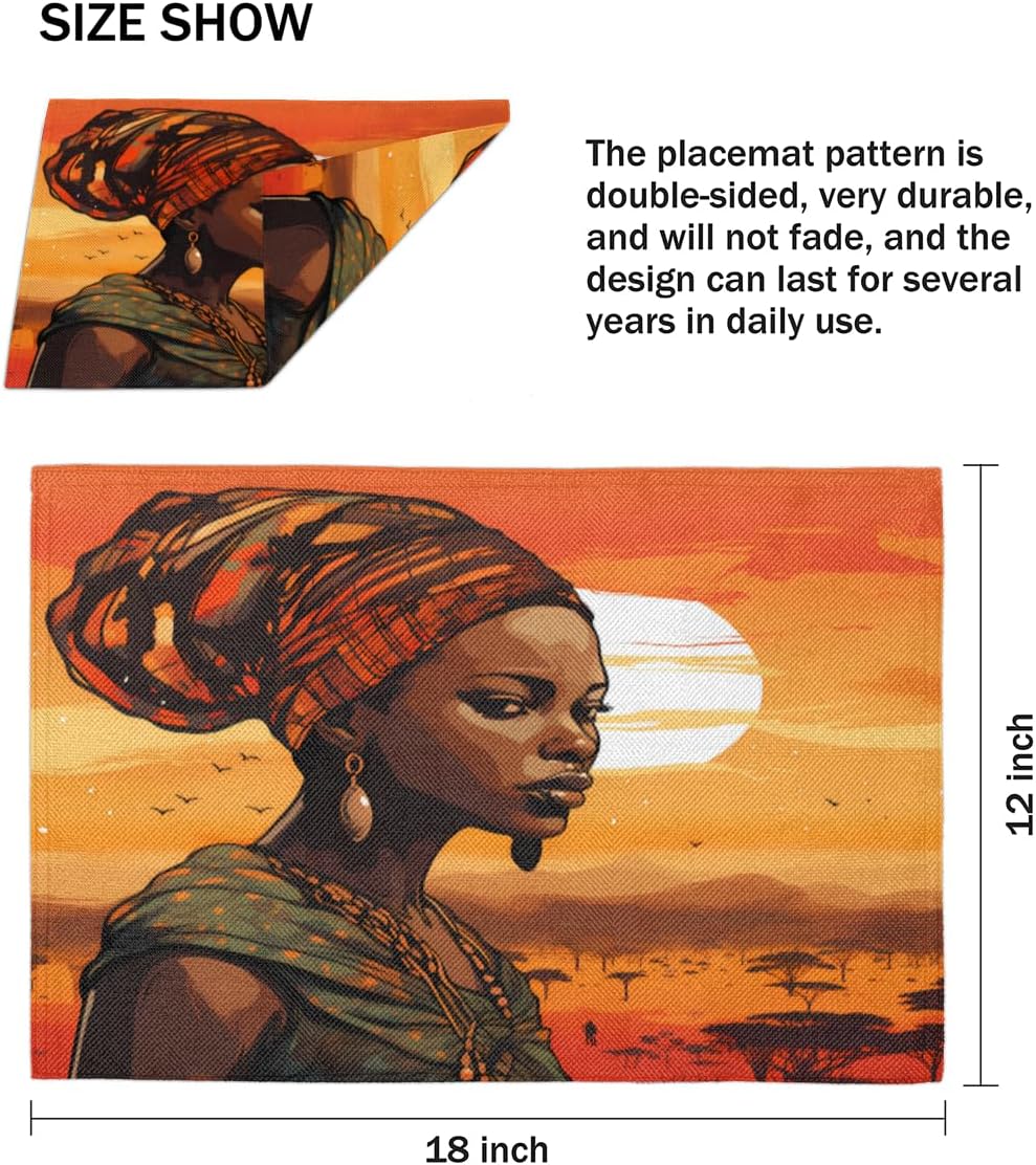 Retro African Women Pattern Placemats Set of 6 Decorative Dinner Place Mats Washable Table Mat for Gifts, Holiday, Birthday Party, Wedding & Dining
