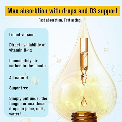 Miniatura 4 de Gotas líquidas sublinguales de vitamina B12 de 10,000 mcg, fórmula única con D3, B9 (ácido fólico), calcio, energía de apoyo, corazón, estado de
