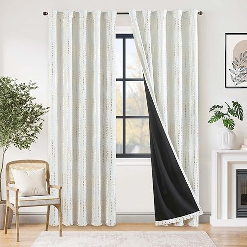 jinchan Cortinas bohemias 100% opacas con estampado de fases lunares de 84 pulgadas de largo, 2 paneles de cortinas doradas sobre blanco, bolsillo