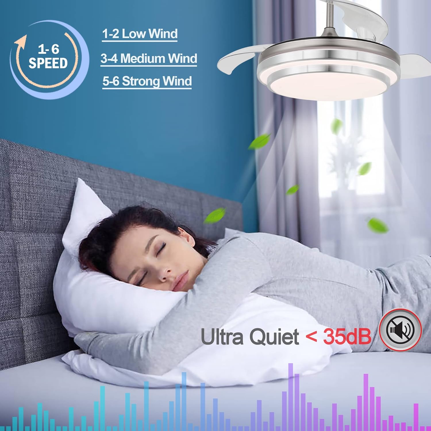 42" Retractable Ceiling Fan with Lights and Remote,Low Noise DC Motor,6 Speed,Modern Ceiling Fan in 3 Color Changeable for Dining Room Bedroom Living Room