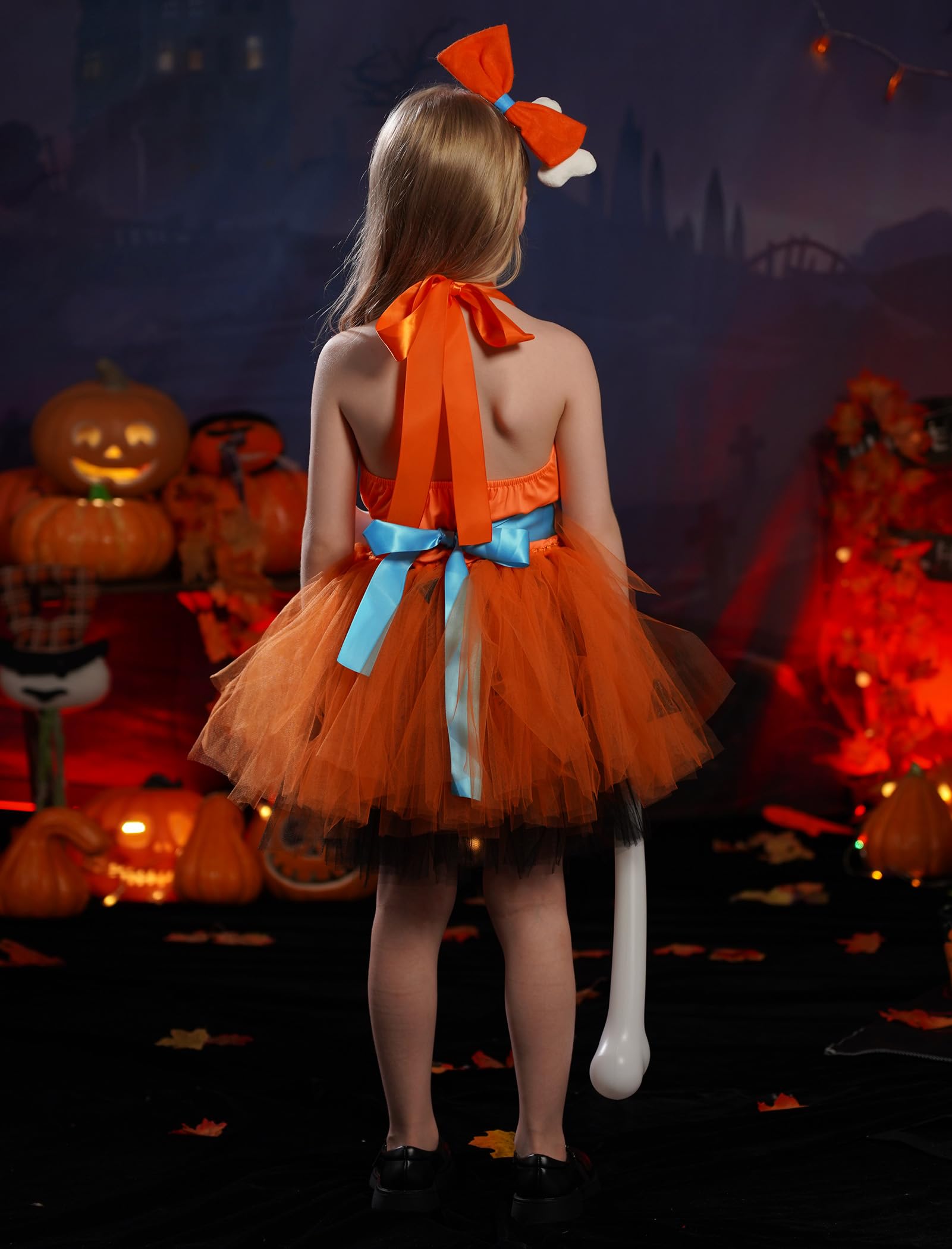 FYMNSI Girl Caveman Costume Kids Cavegirl Fancy Dress Up Toddler Baby Flintstones Halloween Party Cosplay Historical Stone Age Stage Performance Tutu Tulle Dress Bone Hair Clip Set Orange 11-12 Years - Image 3