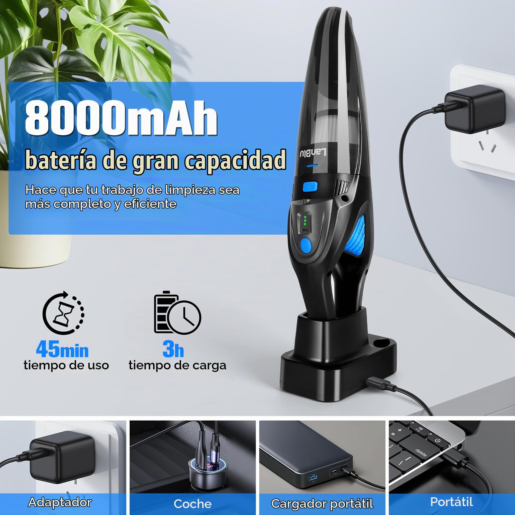 25000Pa Aspirador de Mano Potente con Estación de Carga e Iluminación LED | 8000mAh 120W Aspirador Coche con 2 Filtro HEPA Lavable, 600ml Húmedo y Seco Mini Aspiradora Portatil para Coche Hogar Cocina