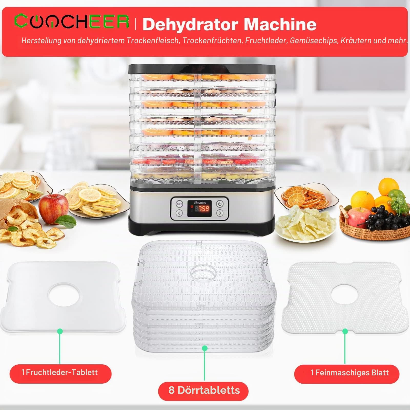 MEYKEY Dörrautomat Dörrapparat für Obst und Gemüse, Lebensmitteltrockner, 400W, LCD-Display, Temperatur einstellbar, Silber
