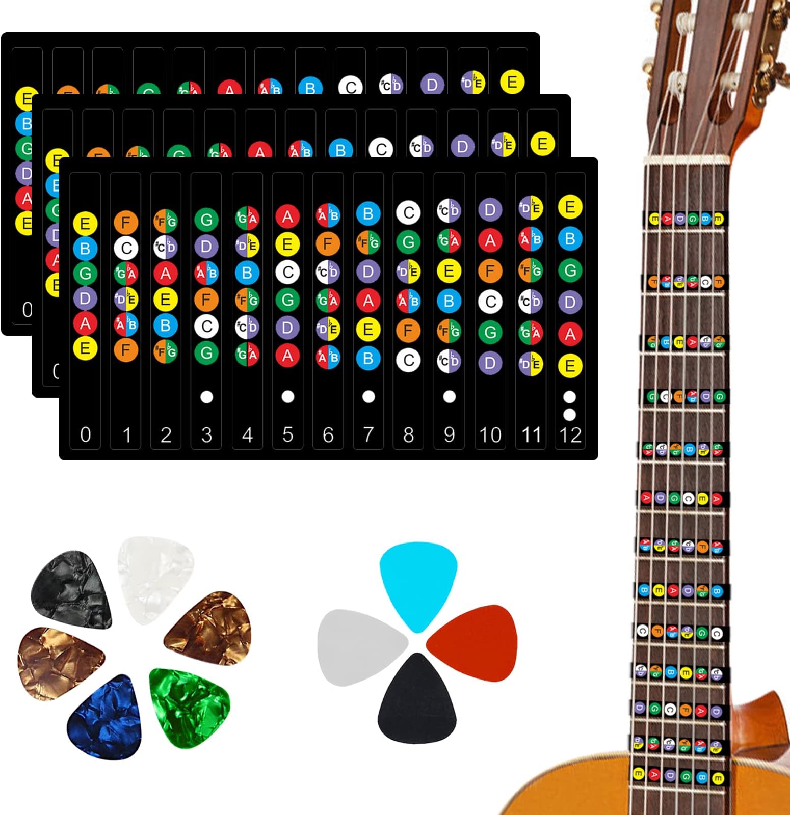 3 pcs Guitar Scale Stickers, lyfLux Beginner Fingerboard Stickers, Self Study Electric Guitar Stickers, Suitable for Beginners to Practice 6 String Acoustic Guitar, 10 Guitar Picks