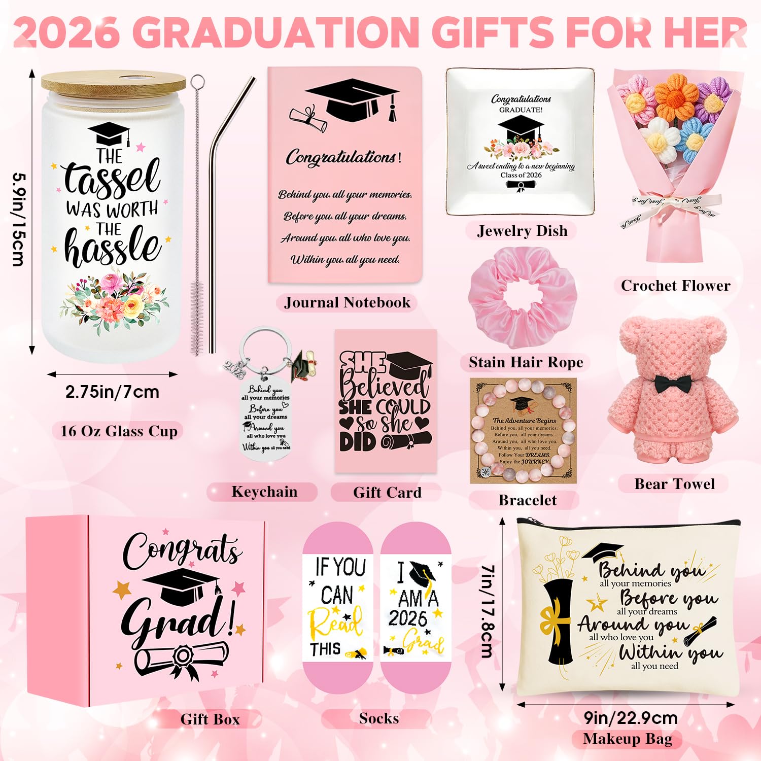 12 Pieces 2026 Graduation Gift Box Set, Class of 2026 Graduation Gift Basket with 16 Oz Glass, Socks, Bear Towel, Journal Notebook, Makeup Bag, Bracelet, Keychain for High School College Gifts