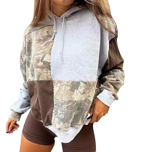 Camo Hoodie Womens Color Block Oversized Pullover Sweatshirt Vintage Casual