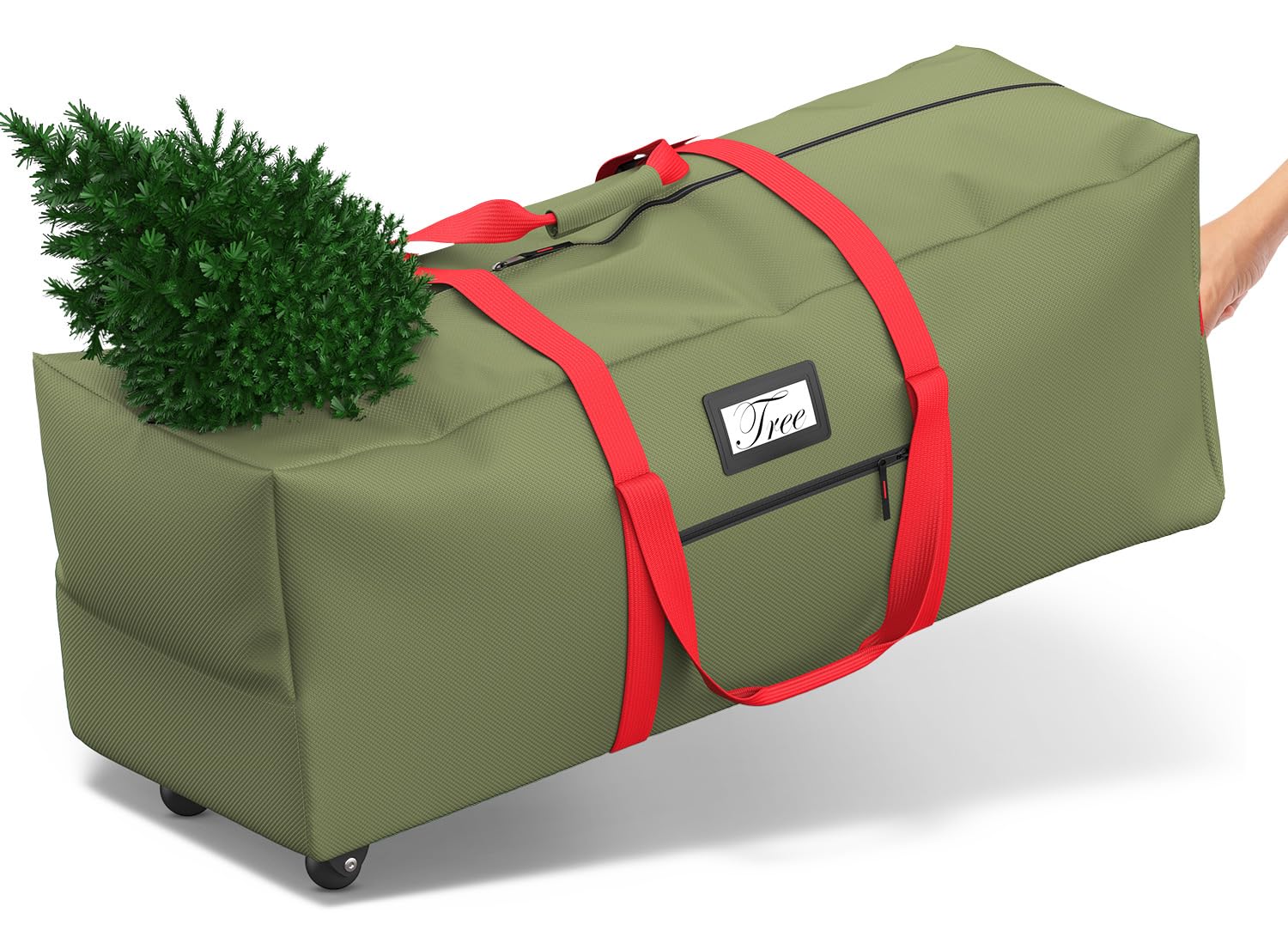 Mrrihand Christmas Tree Storage Bag, Large Artificial Anti-Tear Heavy-Duty 600D Oxford Cloth Xmax Christmas Tree Storage Box with Rolling Wheels, Christmas Tree Storage Container (Army Green&Red, 9Ft)