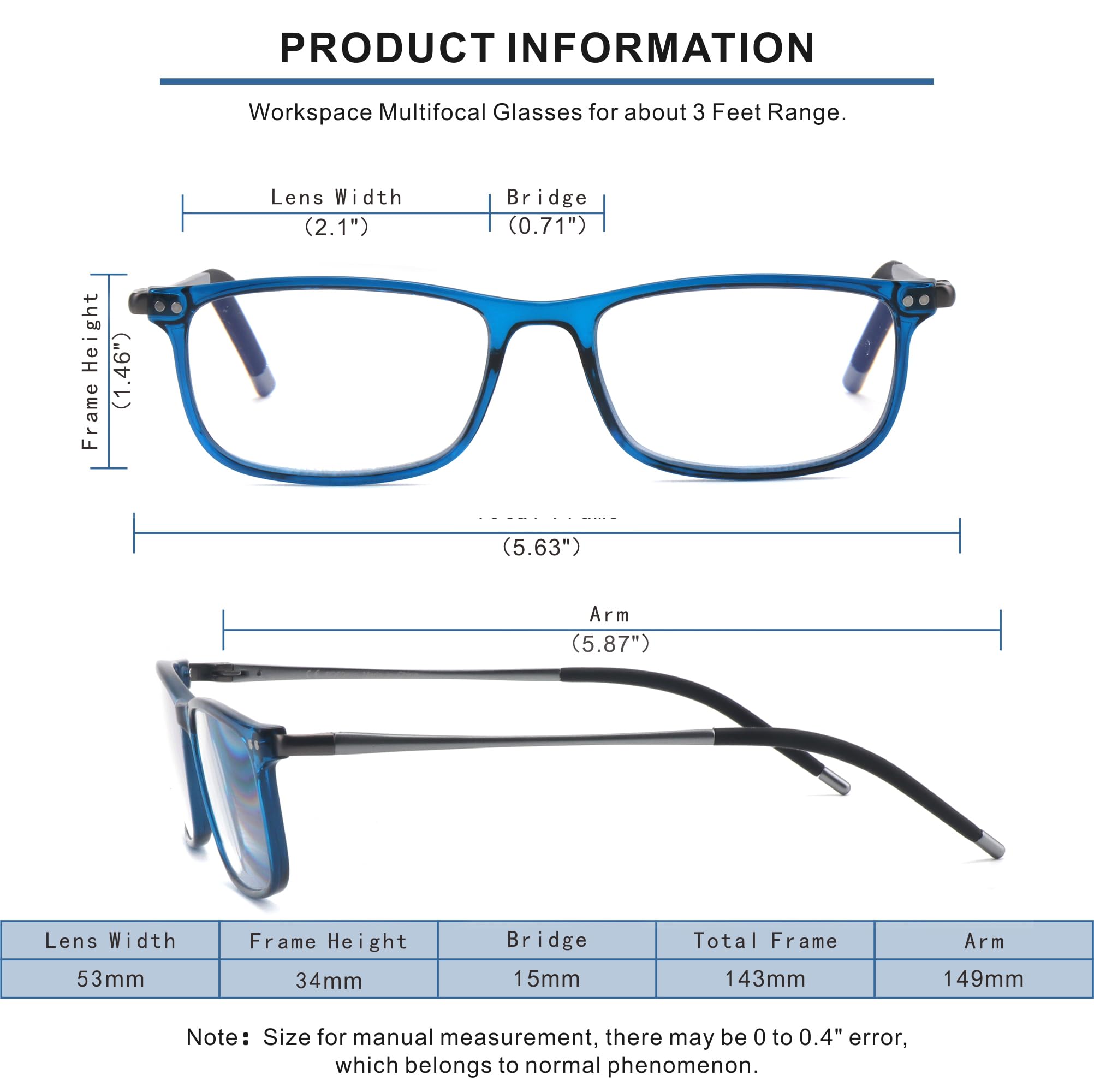 Extrem leichte progressive multifokale Lesebrille für Herren, Aluminiumarm TR90, blauer Lichtrahmen, Multifokus-Lesegerät, Der obere Teil ist nicht 0, blauer Arm und Aluminium, 52-18-149