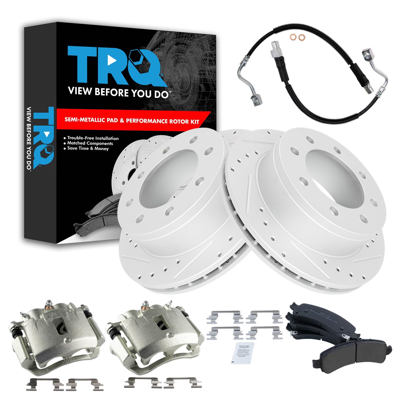 TRQ Brake Pad &amp; Rotor Kit Performance Semi-Metallic Compatible with 2006-2011 Chevrolet Express 2500 2003-2011 Express 3500 GMC Savana 2500 Savana 3500