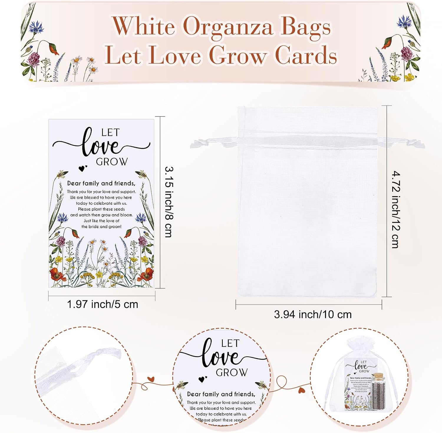 Jingmore 100 Sets Wedding Favors for Guests Let Love Grow Gifts Mini Bottles Cards Organza Gift Bags for Wedding Bridal Baby Shower Party Favors No Seeds (Wildflowers)