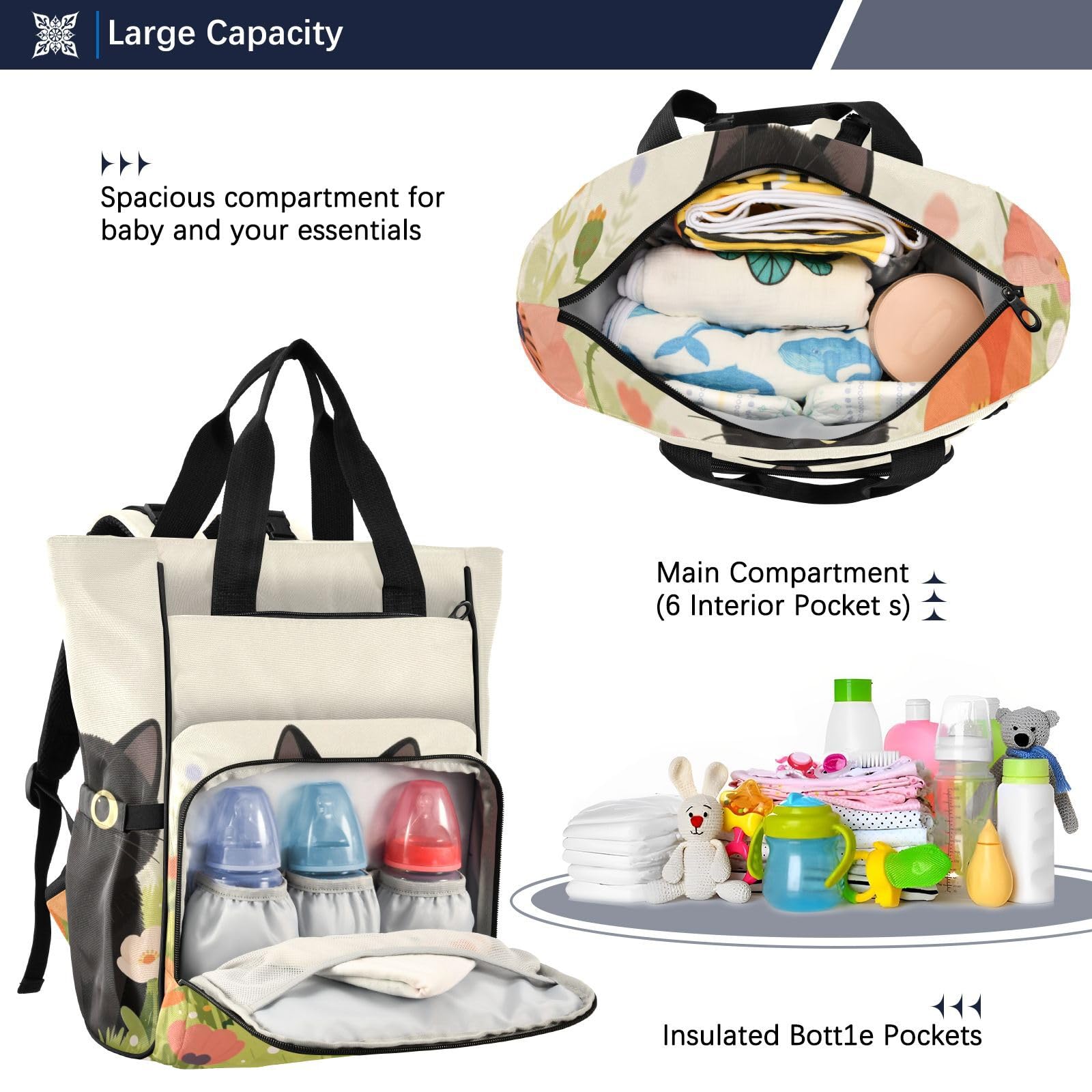 Baby Essentials torba na pieluchy czarny kot kwiaty