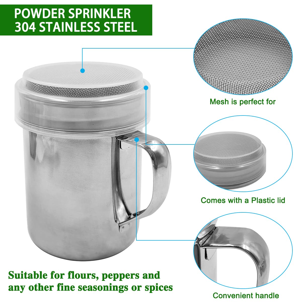 Shaker à Mailles Fines En Acier Inoxydable Pour Sucre à La Cannelle, Poudre De Sucre, Farine De Cacao, Chocolat, Café, Saupoudreuse à Sucre Avec Couvercle Pour La Cuisine, La Pâtisserie