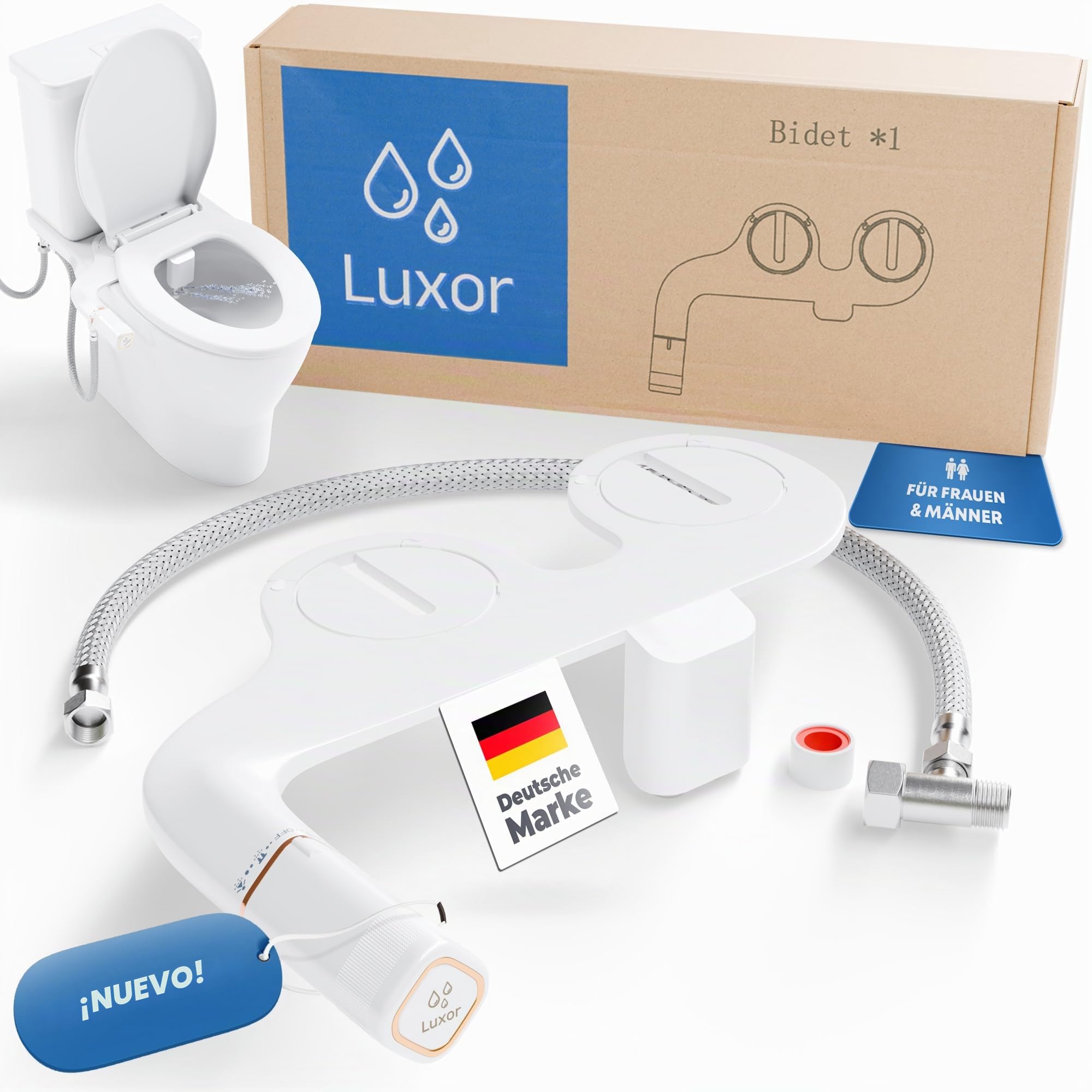 Luxor Accesorio de bidé para el inodoro – Accesorio de inodoro para adultos con doble boquilla [mujeres y hombres] | Presión de agua ajustable y fácil montaje | Limpieza higiénica gracias a la ducha