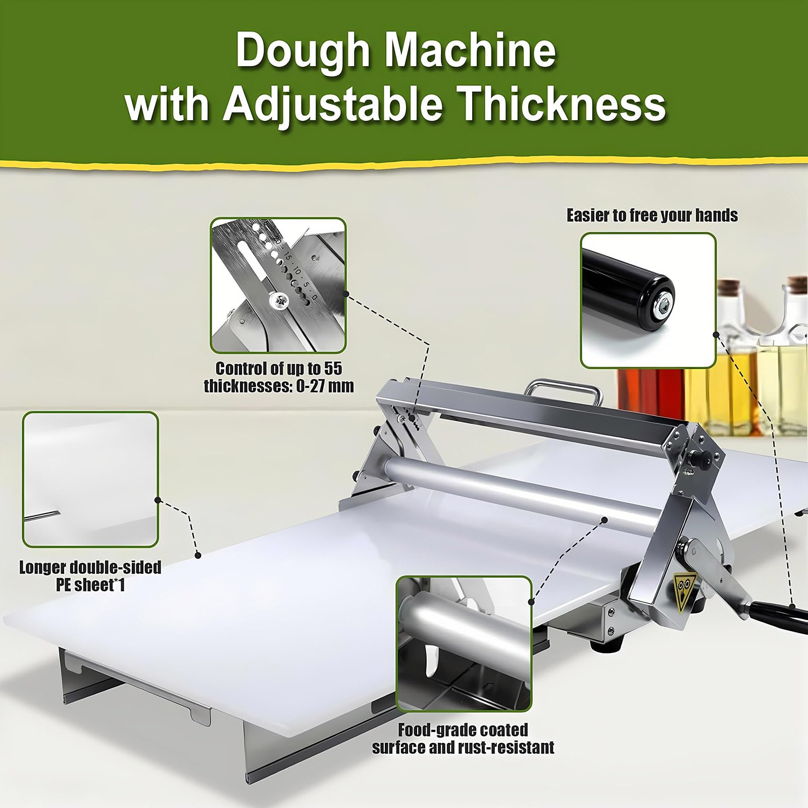 Laminoir à Pâte Compact, Laminoir Manuel en Acier Inoxydable, Laminoir Manuel à Planche, épaisseur Réglable, Laminoir Pliable pour Boulangeries Et Pâtisseries (Commercial40.6x22.8in)