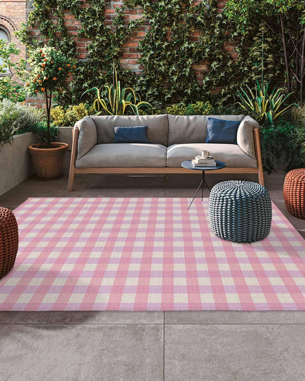 Outdoor Rug 4x6 ft Pink Buffalo Plaid Outdoor Large Area Rug Non Slip Rubber Linen Classic Checked Front Door Mat RV Rug Camping Carpet Patio Outdoor Rugs for Backyard Balcony Deck Porch Indoor