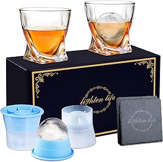 Lighten Life Whiskey Glass Set-2 Crystal Bourbon Glass,2 Ice Molds & 2 Coasters in Gift Box,Non-Lead Old Fashioned Glass f...