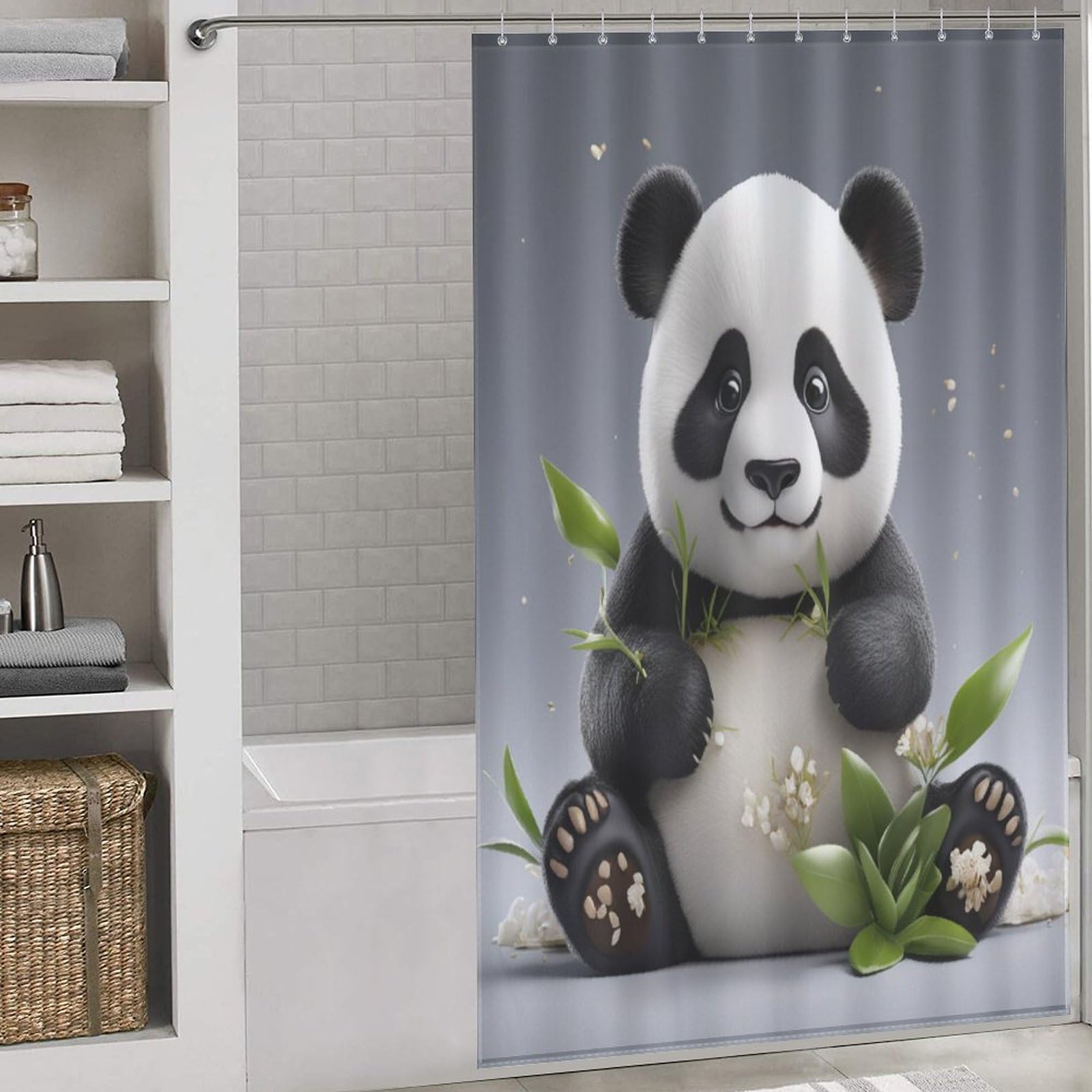 Rideau de douche panda mignon en polyester lavable 140x183 cm pour baignoire d'angle