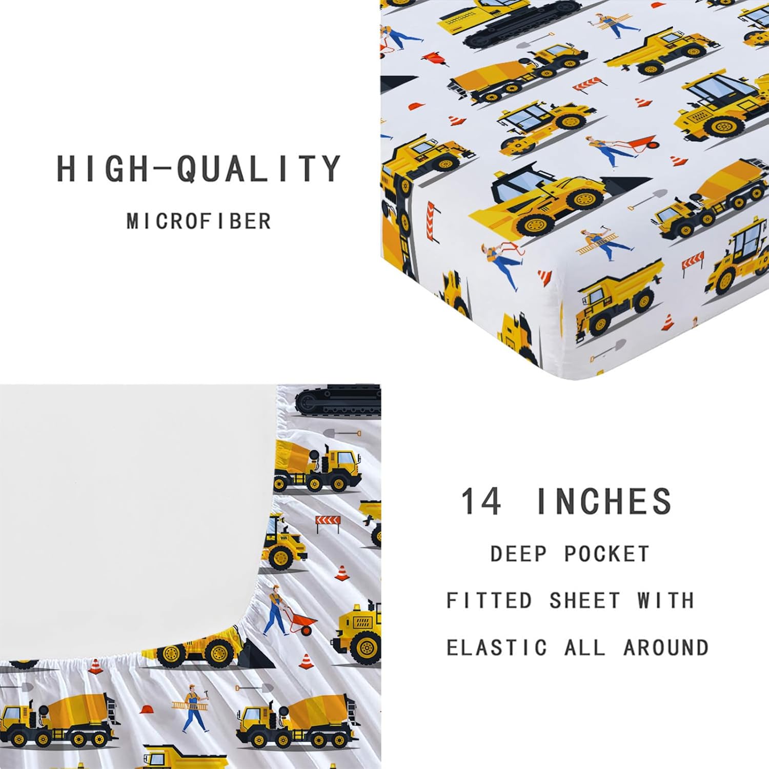 Yasida Kids Queen Fitted Sheet Car Sheets Queen Cartoon Excavator Truck Lifter Bedding 3D Printed Washable Machines Sheets with 1 Fitted Sheet + 2 Pillowcases