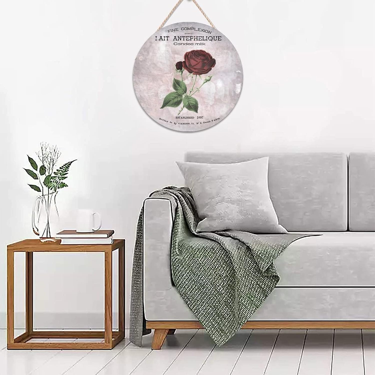 French Vintage Flower Wood Door Sign Retro Round Door Hanger Sign 16x16in Rose Wall Hanging Sign Plaque Farmhouse Front Porch Decor Housewarming Gifts