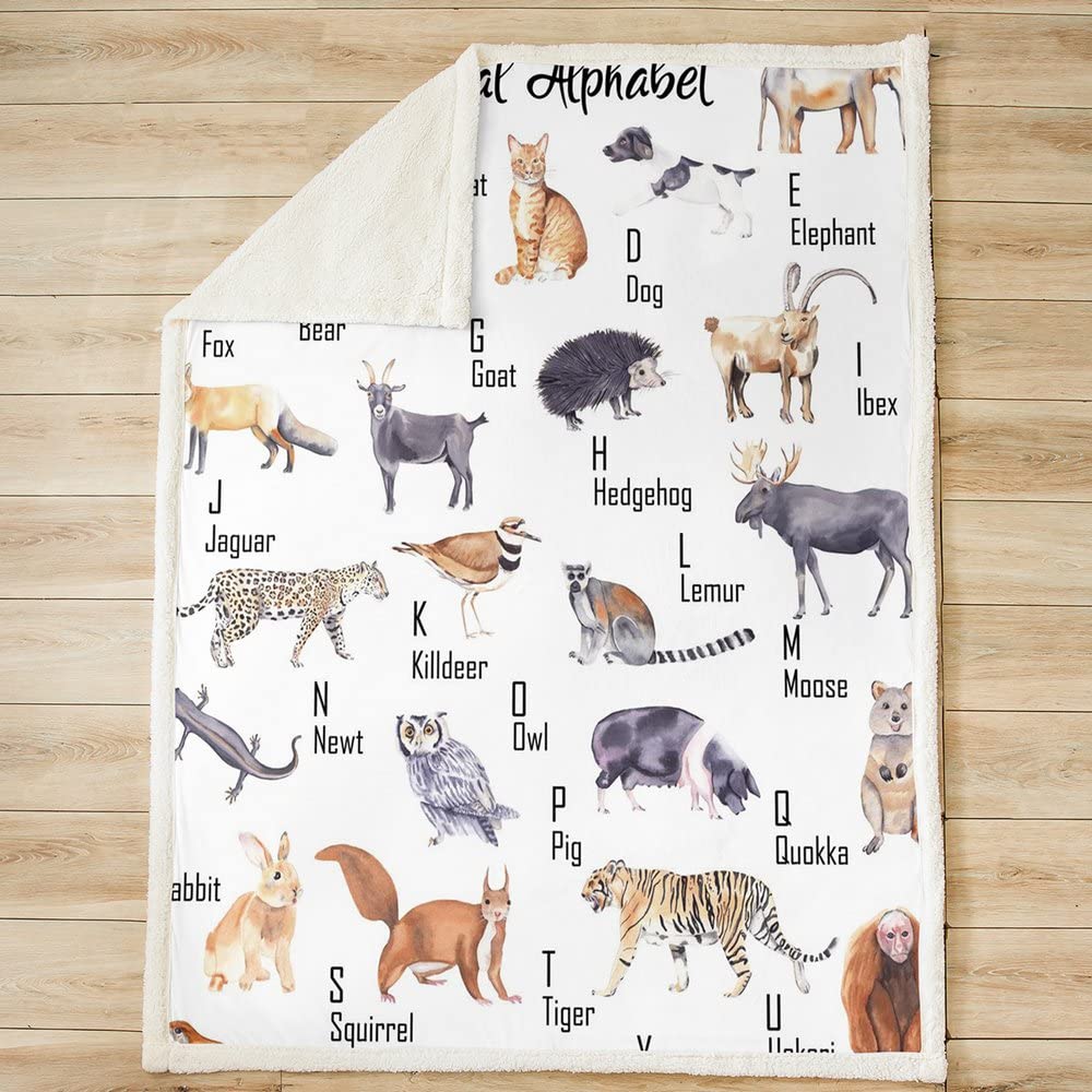 Coperta in pile Sherpa con motivo leopardo, per bambini, ragazzi, ragazze, animali ABC, coperta fuzzy per divano letto, cartone animato, 26 lettere, 200 x 220 cm