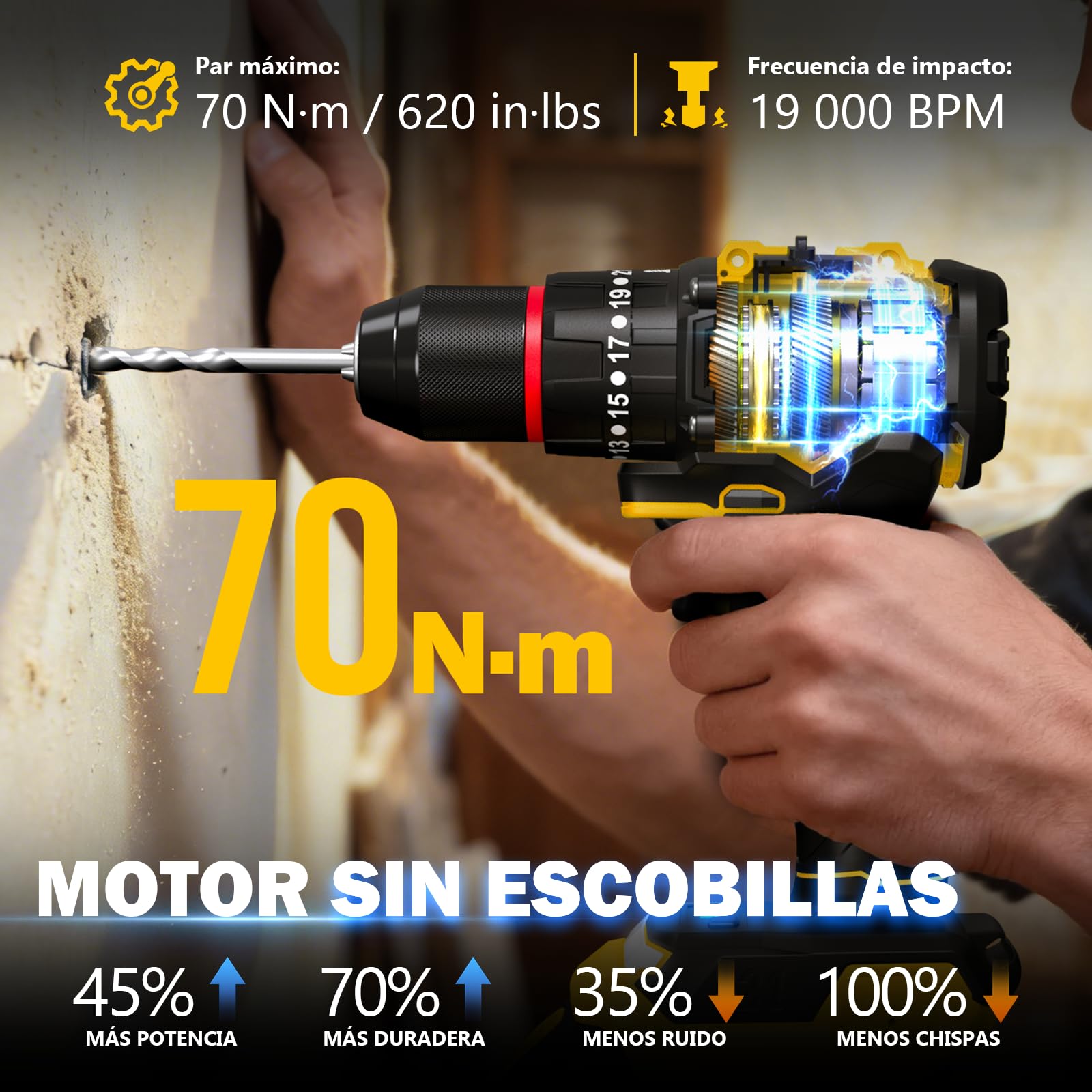 Sundpey Taladro Percutor a Bateria 70Nm - 21V Sin Escobillas Taladro Atornillador con 2 Baterías 2.0Ah, 23+3 Ajustes, 2 Velocidad, Luz LED, Destornillador Eléctrico Inalámbrico para Hogar Bricolaje