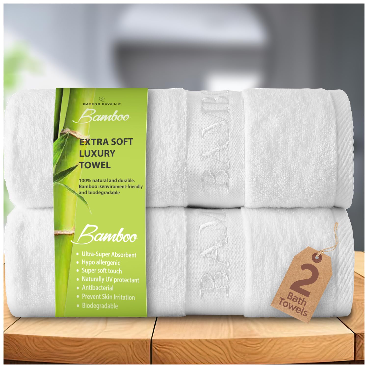 GC GAVENO CAVAILIA Natural Bamboo Bath Towels, 2 Pack, 70x120cm, White