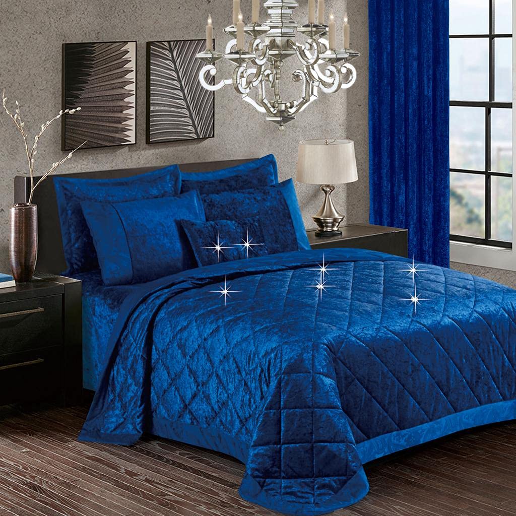 Householdfurnishing Santiago/Royal Blue 3 Piece Crushed Velvet Bedspread Quilted Bed Throw Comforter With Pillow Shams (, Double)