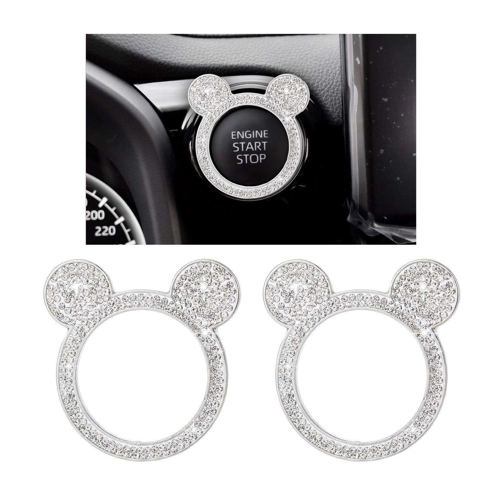 Augeny Bling Car Engine Start Button Cover, Rhinestone Key Ignition Knob Ring, Sparkling Push to Start Button Sticker for Women, Universal Car Accessories for Interior Decoration (2PCS, White)
