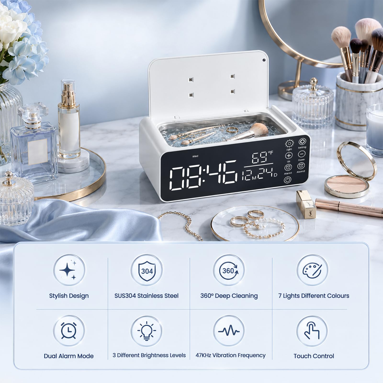 Dispositivo di pulizia a ultrasuoni, 48 kHz, 500 ml, dispositivo a ultrasuoni con sveglia, pulitore a ultrasuoni con display LCD, per apparecchi dentali, occhiali, anelli, orologi, incluso panno per