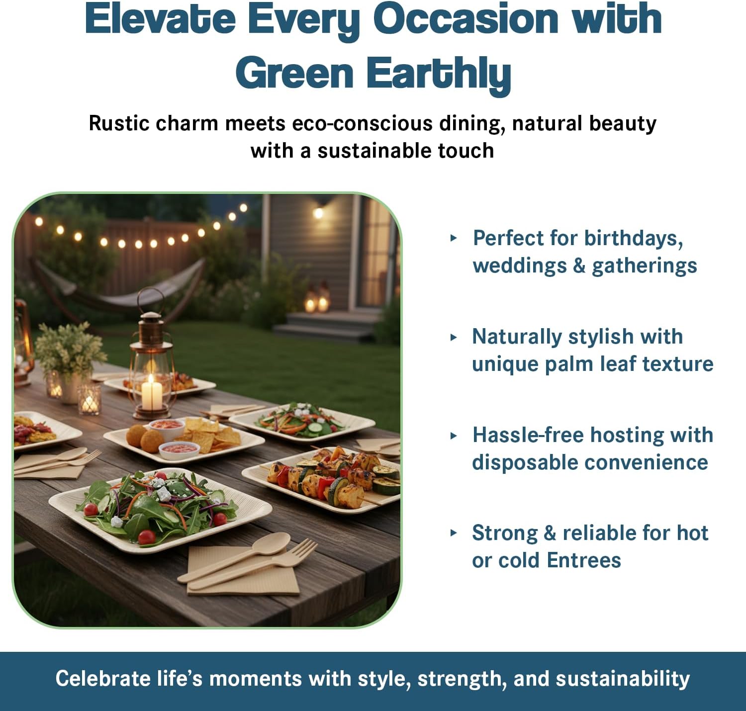 Palm Leaf Party Pack, Compostable, Biodegradable, Disposable, Sturdy, Eco-Friendly, Microwave Safe. 10'' & 7'' Square Plates, Wooden Cutlery & Napkins (For 25 People - 175 total items). - Image 3